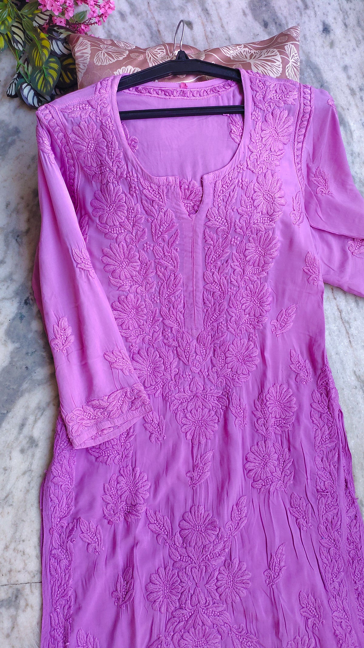 Purpureus premium soft modal long kurta with intricate Lucknow chikankari embroidery by LVW Fashions.