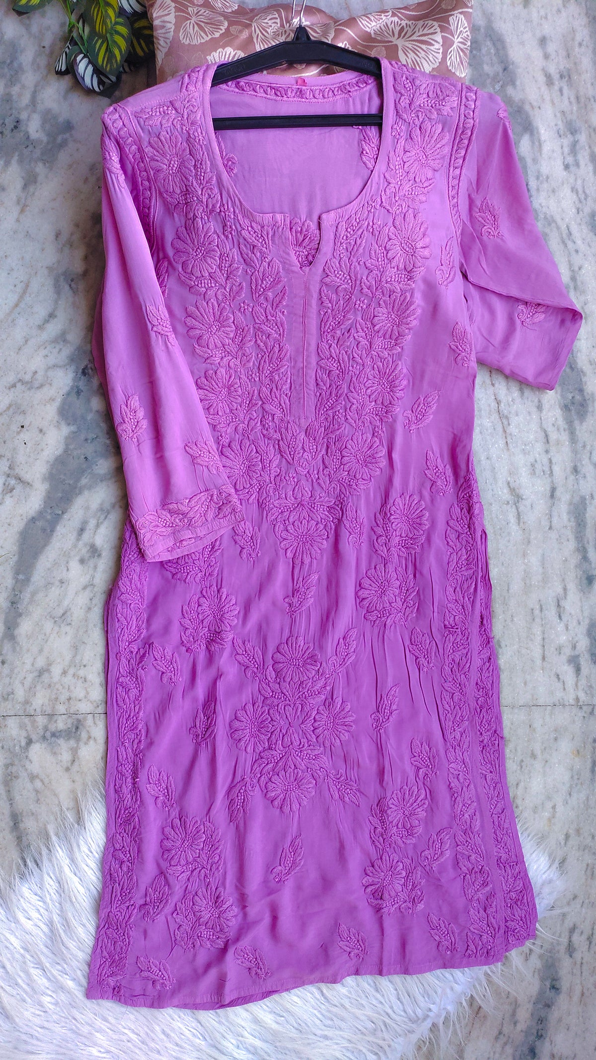 Purpureus premium soft modal Chikankari long kurta by LVW Fashions, handmade Lucknow Chikankari with intricate embroidery.