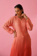 LVW Fashions Qurbat premium georgette chikankari kurta set with intricate neck embroidery and matching booties, handmade in Lucknow.