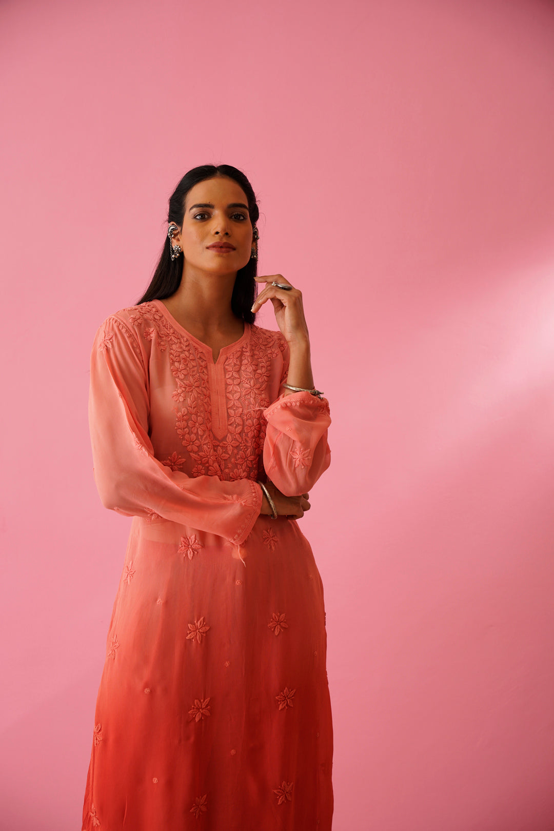 LVW Fashions Qurbat Premium Georgette Chikankari Kurta set with embroidered neck booties, handmade in Lucknow Chikankari style.