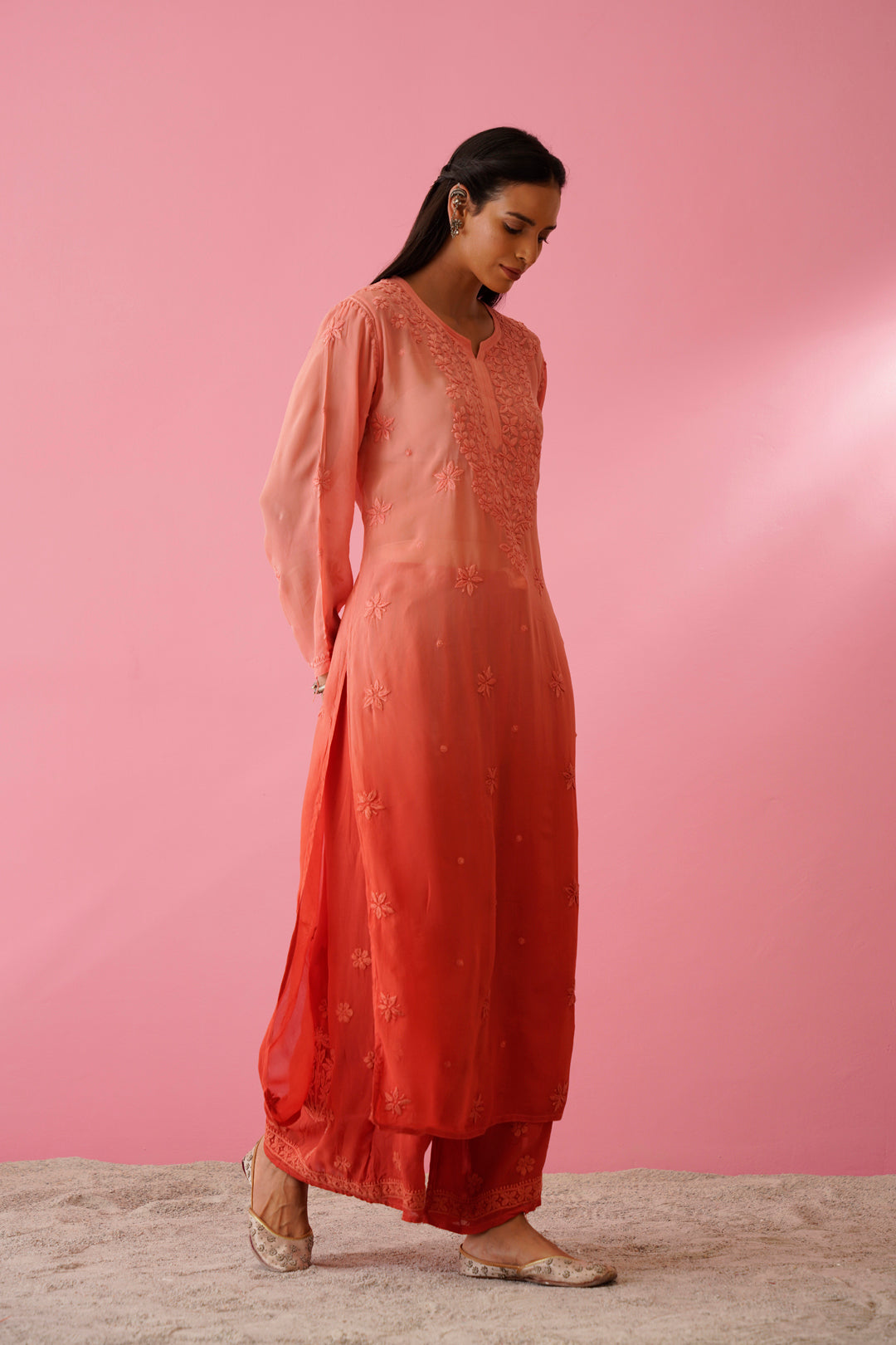 LVW Fashions Qurbat premium georgette chikankari kurta set with embroidered neck and booties, handmade Lucknow chikankari style.