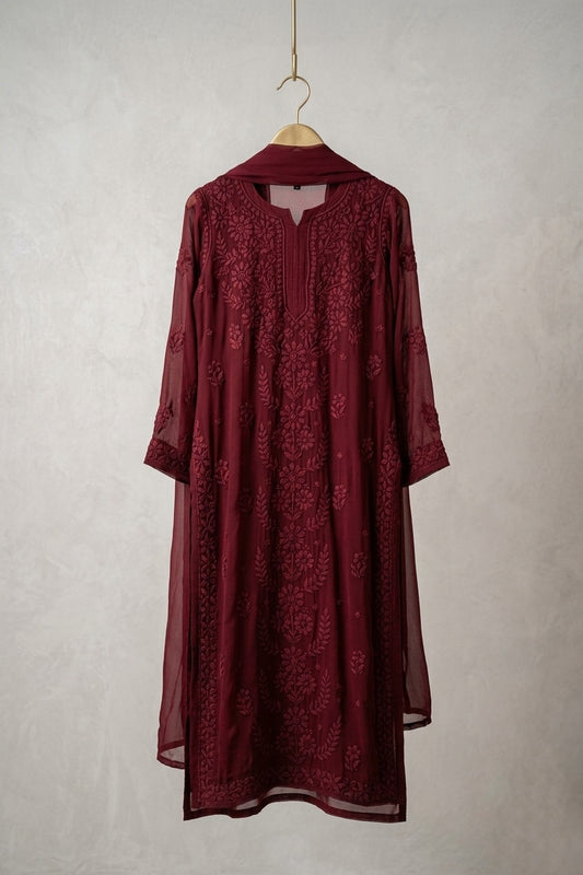 RAFIYA Deep Maroon  Premium Georgette Puffed Chikankari Long Kurta Pure Handcrafted