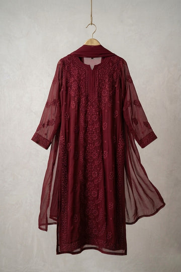RAFIYA Deep Maroon  Premium Georgette Puffed Chikankari Long Kurta Pure Handcrafted