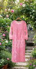 Rafiya premium silk puffed chikankari long kurta by LVW Fashions, handcrafted in Lucknow with intricate white embroidery.