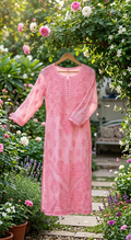 Luxury RAFIYA premium silk puffed chikankari long kurta by LVW Fashions, handcrafted in Lucknow with intricate white embroidery.