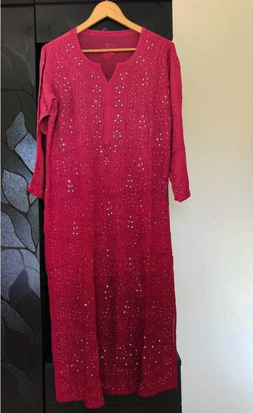 Rakul premium georgette Chikankari kurta with heavy hand embroidery and Kamdani embellishments, handmade by LVW Fashions.