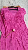 Raspberry pink soft modal Chikankari Kurti by LVW Fashions, handmade Lucknow embroidery, non-transparent, casual ethnic wear.