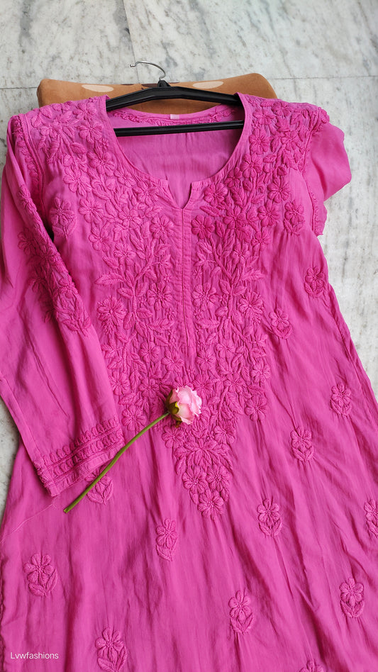 Raspberry pink soft modal Chikankari Kurti by LVW Fashions, handmade Lucknow embroidery, non-transparent, casual ethnic wear.