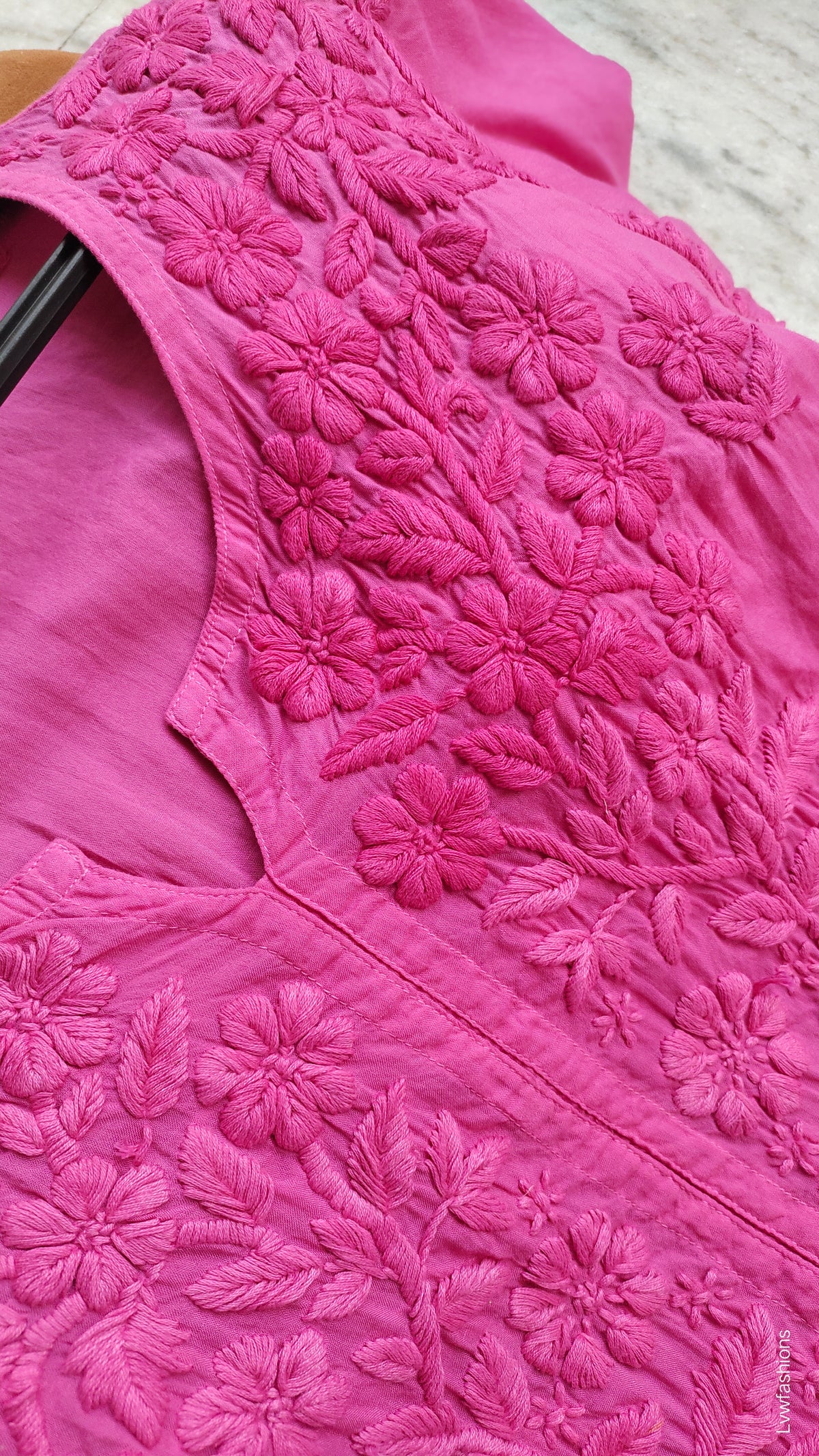 Raspberry pink soft modal Chikankari Kurti by LVW Fashions, handmade Lucknow chikankari, non-transparent, casual Indian kurta.