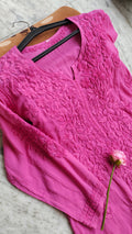 Raspberry pink soft modal chikankari Kurti by LVW Fashions, handmade Lucknow chikankari non-transparent kurta with intricate embroidery.