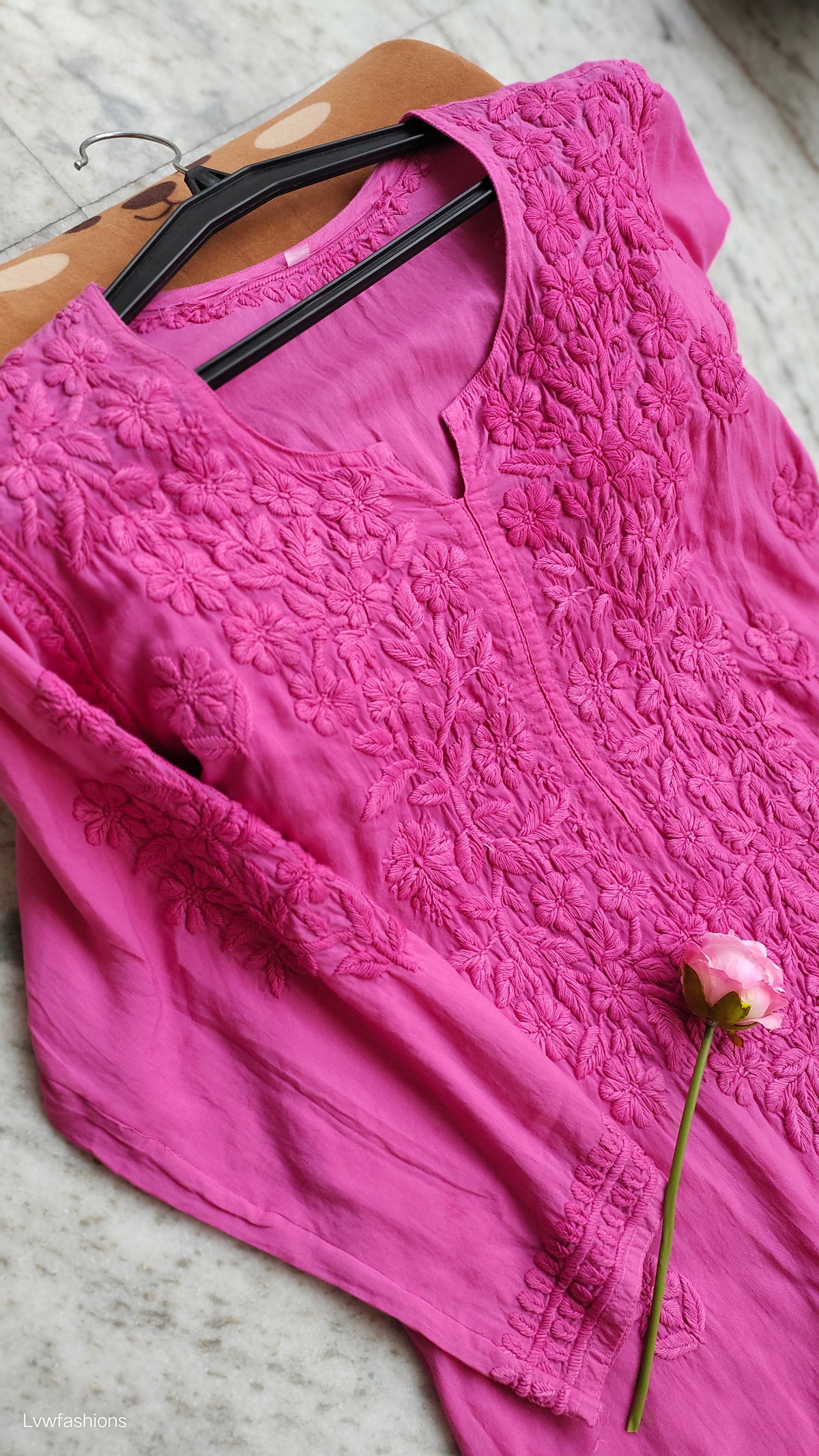 Raspberry pink soft modal chikankari Kurti by LVW Fashions, handmade Lucknow chikankari non-transparent kurta with intricate embroidery.