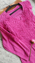 Raspberry pink soft modal Chikankari kurti by LVW Fashions, handmade Lucknow chikankari, non-transparent, casual wear.