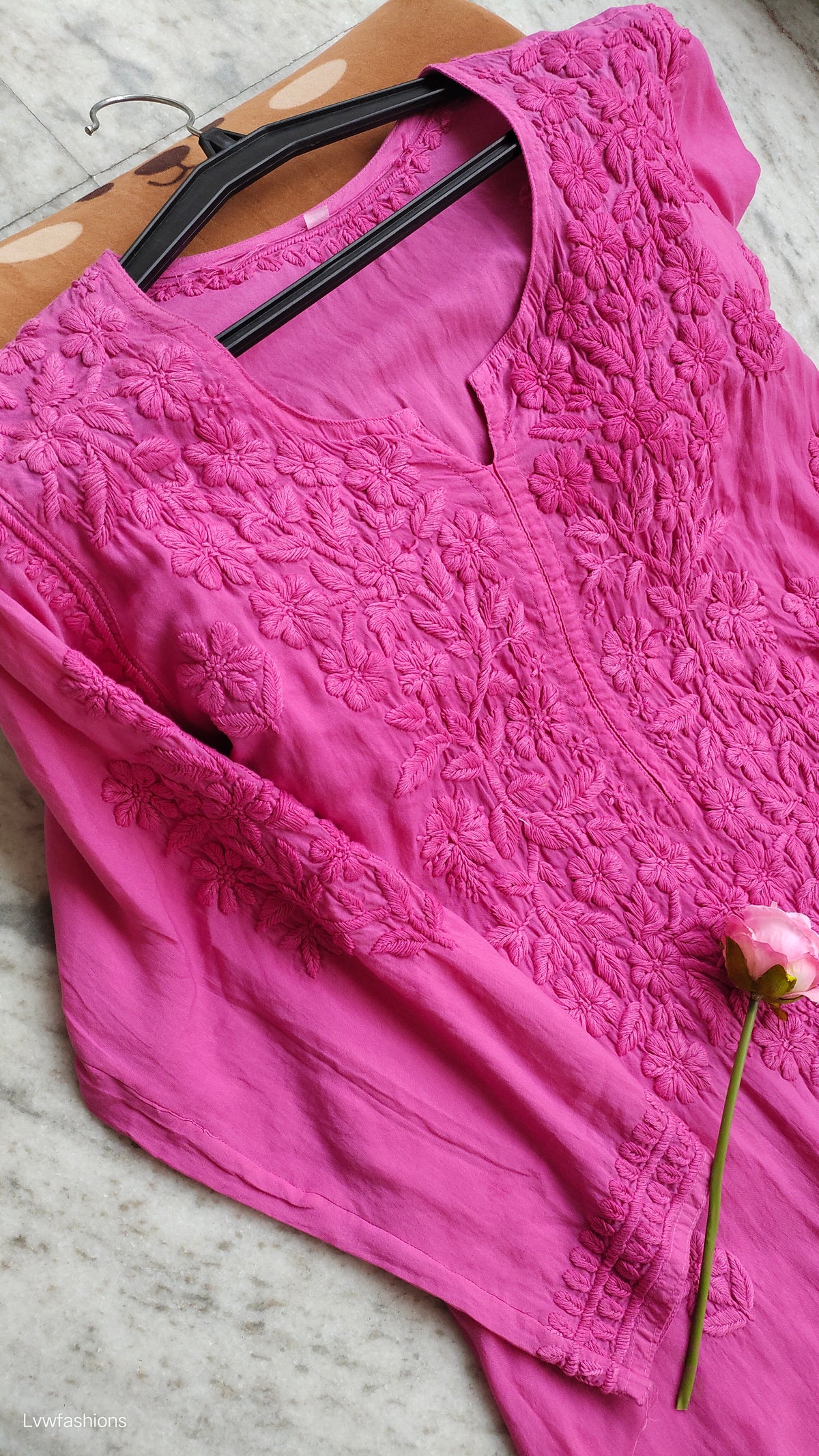 Raspberry pink soft modal Chikankari kurti by LVW Fashions, handmade Lucknow chikankari, non-transparent, casual wear.