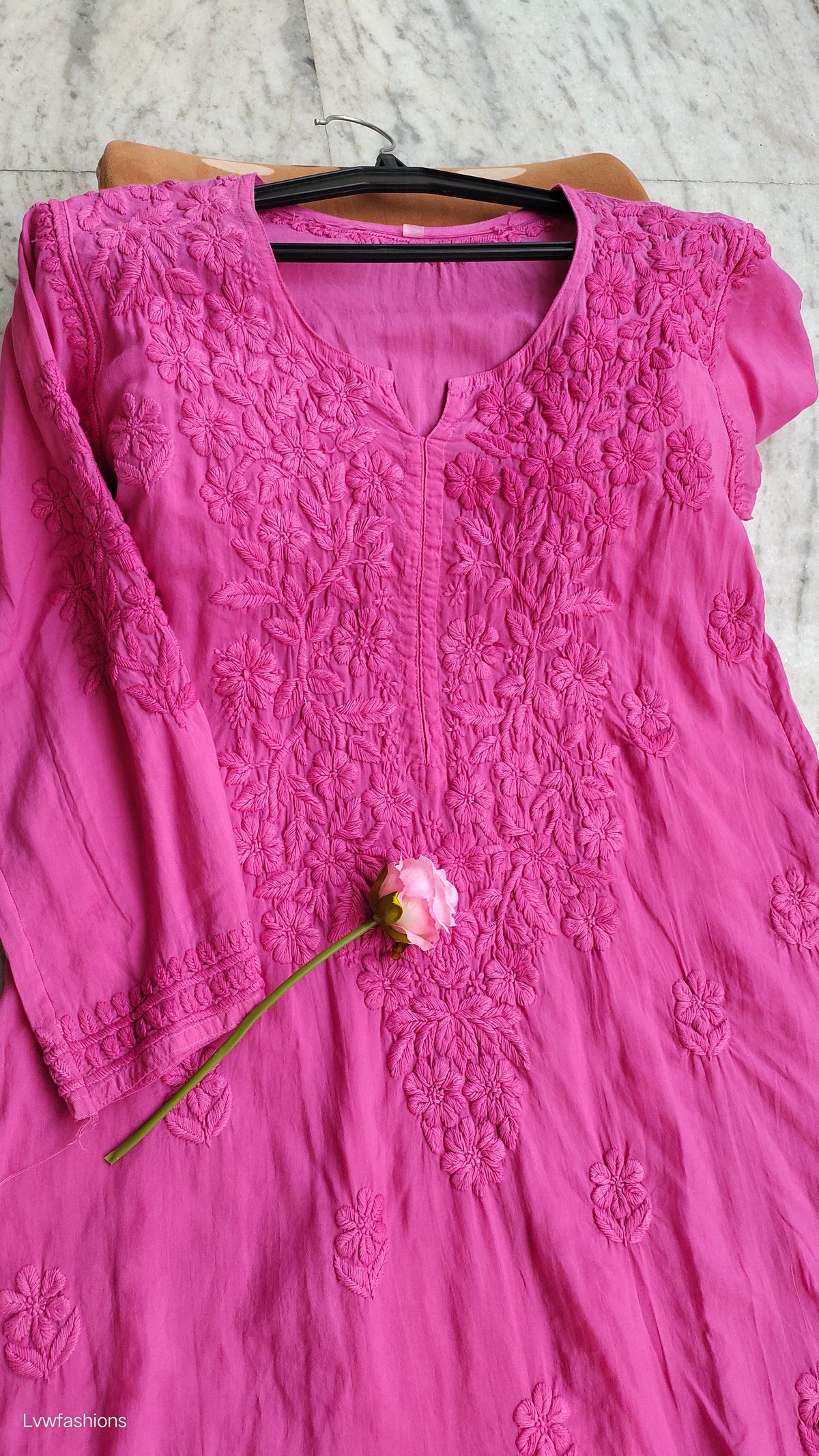 Raspberry pink LVW Fashions handmade Chikankari Kurti in soft modal fabric, non-transparent, featuring traditional Lucknow embroidery.