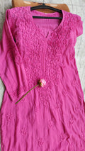 Raspberry pink soft modal Chikankari Kurti by LVW Fashions, handmade Lucknow chikankari, non-transparent, comfortable ethnic wear.