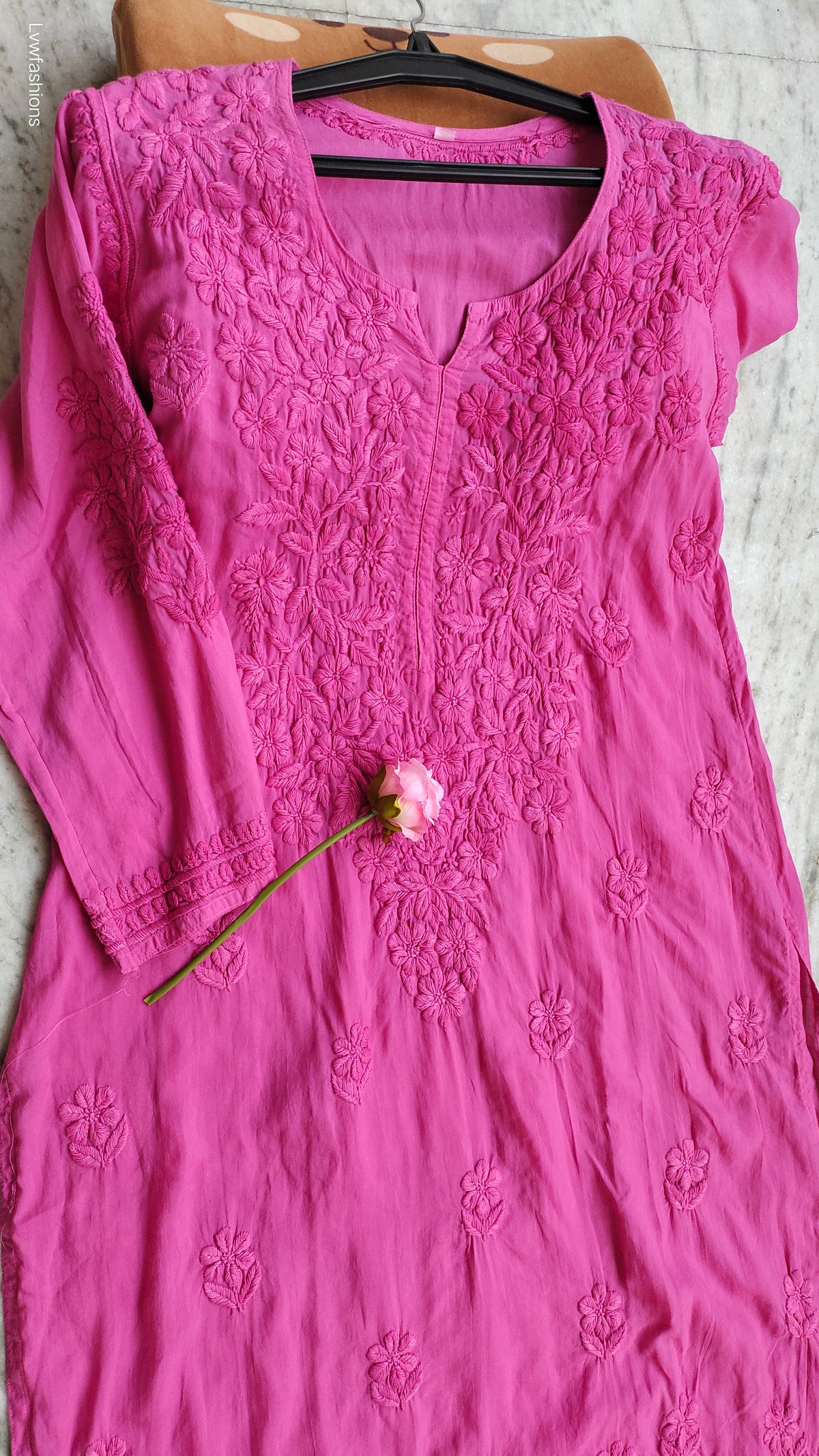 Raspberry pink soft modal Chikankari Kurti by LVW Fashions, handmade Lucknow chikankari, non-transparent, comfortable ethnic wear.
