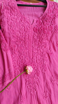 Raspberry pink soft modal chikankari kurti by LVW Fashions, handmade, non-transparent, with intricate Lucknow chikankari embroidery.