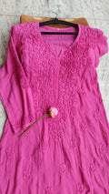 Raspberry pink soft modal chikankari Kurti by LVW Fashions, handmade Lucknow chikankari non-transparent kurta, XS size.