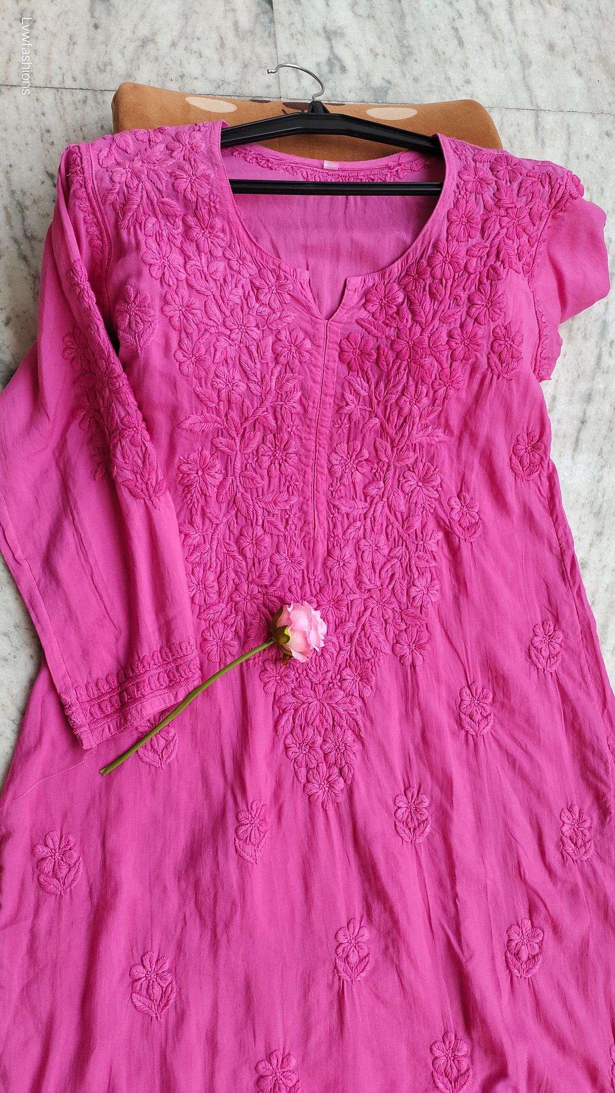 Raspberry pink soft modal chikankari Kurti by LVW Fashions, handmade Lucknow chikankari non-transparent kurta, XS size.