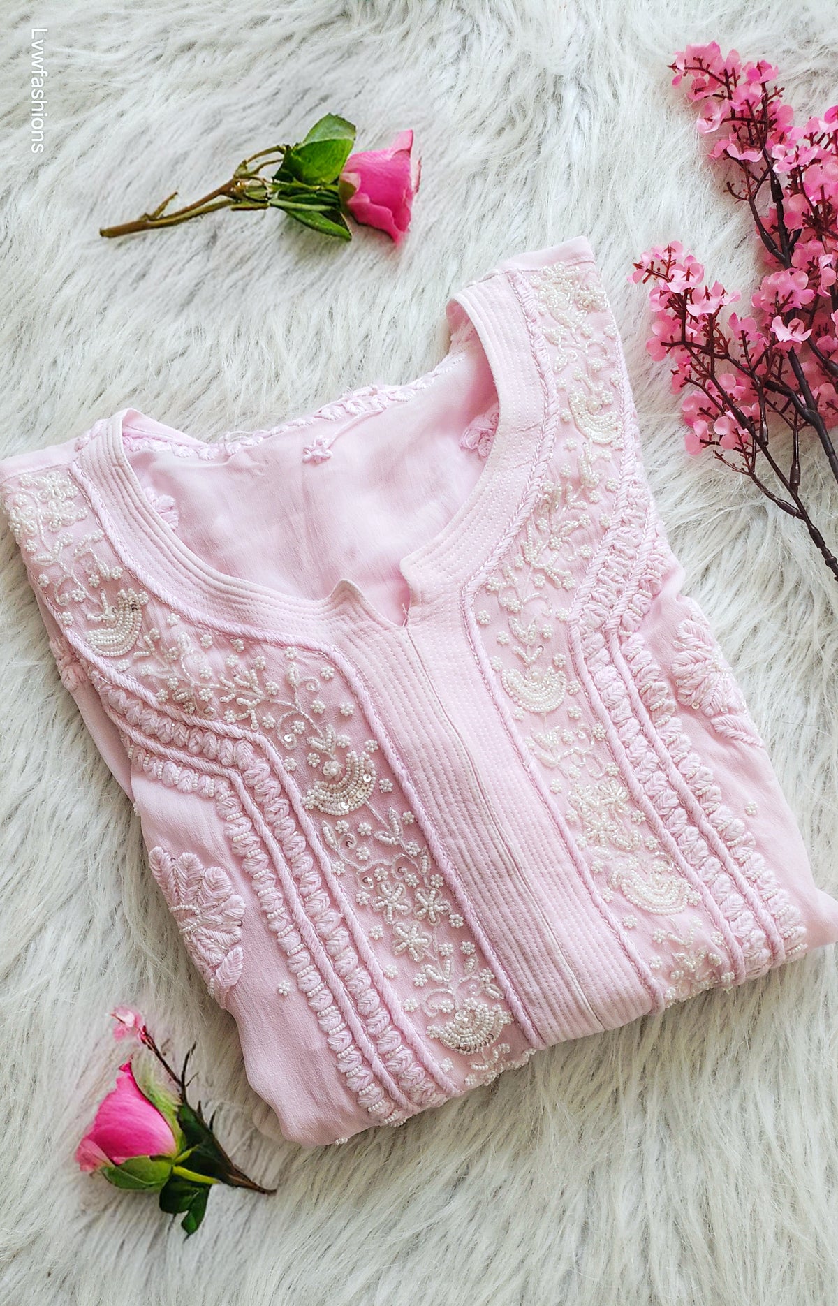 Noori Baby Pink premium georgette Chikankari kurta by LVW Fashions with intricate Cutdana embroidery, ready for dispatch.