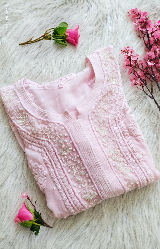 Noori Baby Pink premium georgette Chikankari kurta by LVW Fashions with intricate Cutdana embroidery, ready for dispatch.