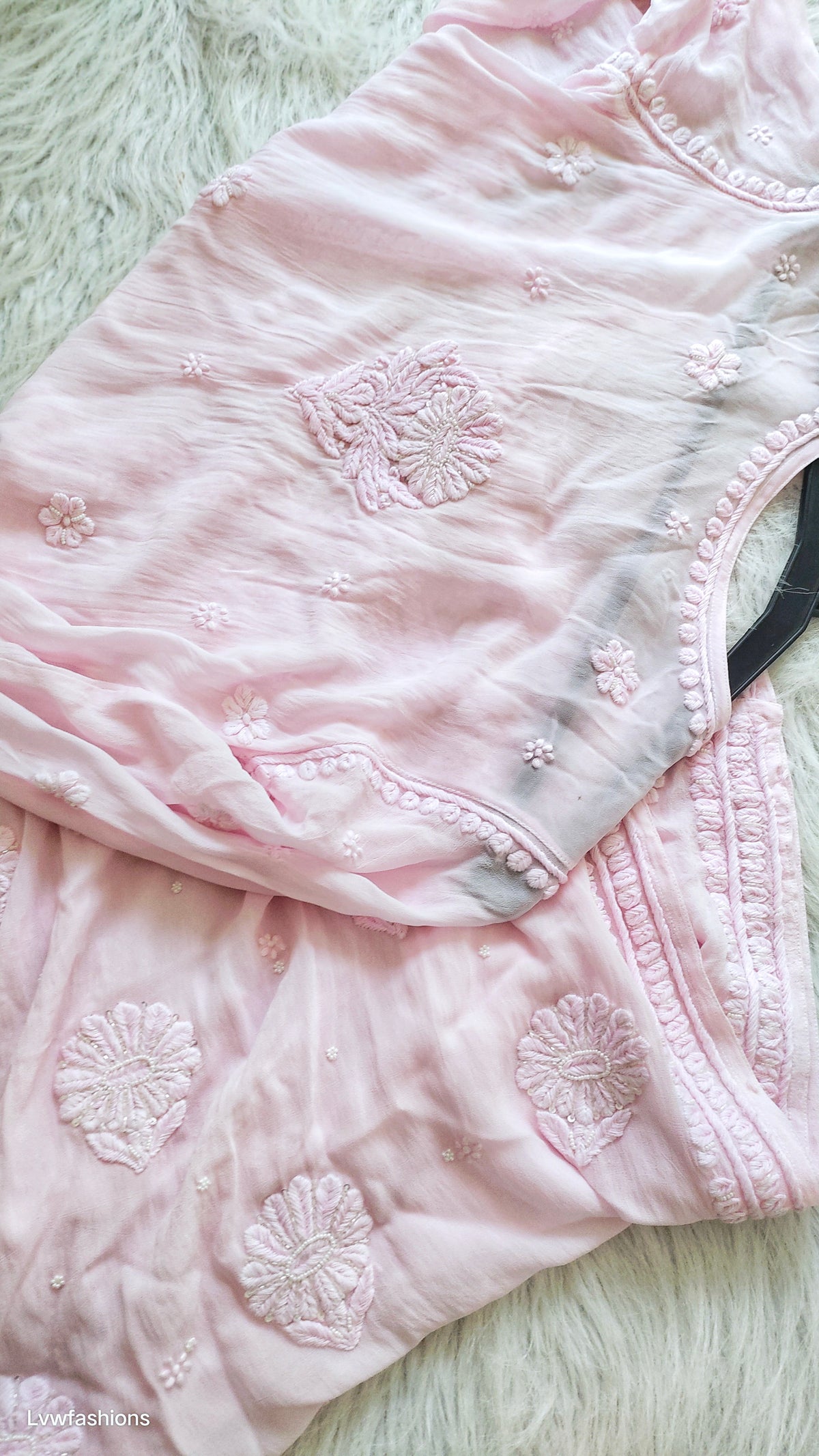 Noori Baby Pink premium georgette Chikankari Kurta with Cutdana embroidery, handmade by LVW Fashions, ready for dispatch.