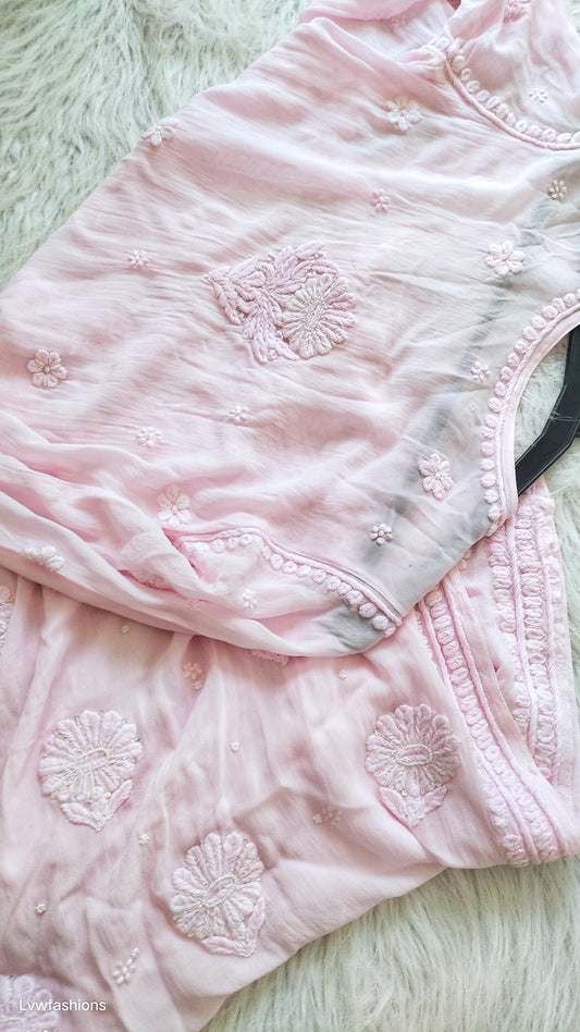 Noori Baby Pink premium georgette Chikankari Kurta with Cutdana embroidery, handmade by LVW Fashions, ready for dispatch.