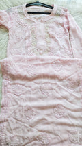 Noori Baby Pink Premium Georgette Chikankari Kurta by LVW Fashions with intricate Cutdana embroidery, handmade Lucknow chikankari.