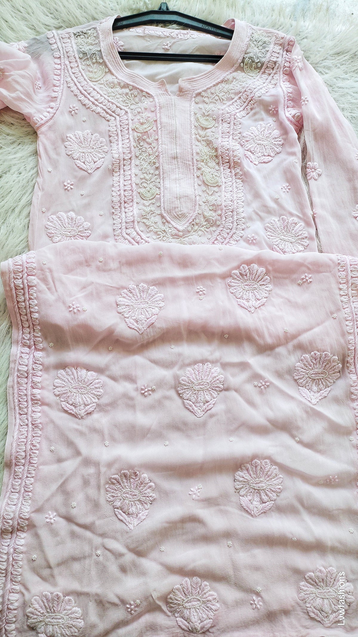 Noori Baby Pink Premium Georgette Chikankari Kurta by LVW Fashions with intricate Cutdana embroidery, handmade Lucknow chikankari.