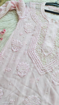 Noori Baby Pink premium georgette Chikankari Kurta by LVW Fashions with delicate Cutdana embroidery, handmade Lucknow Chikankari.