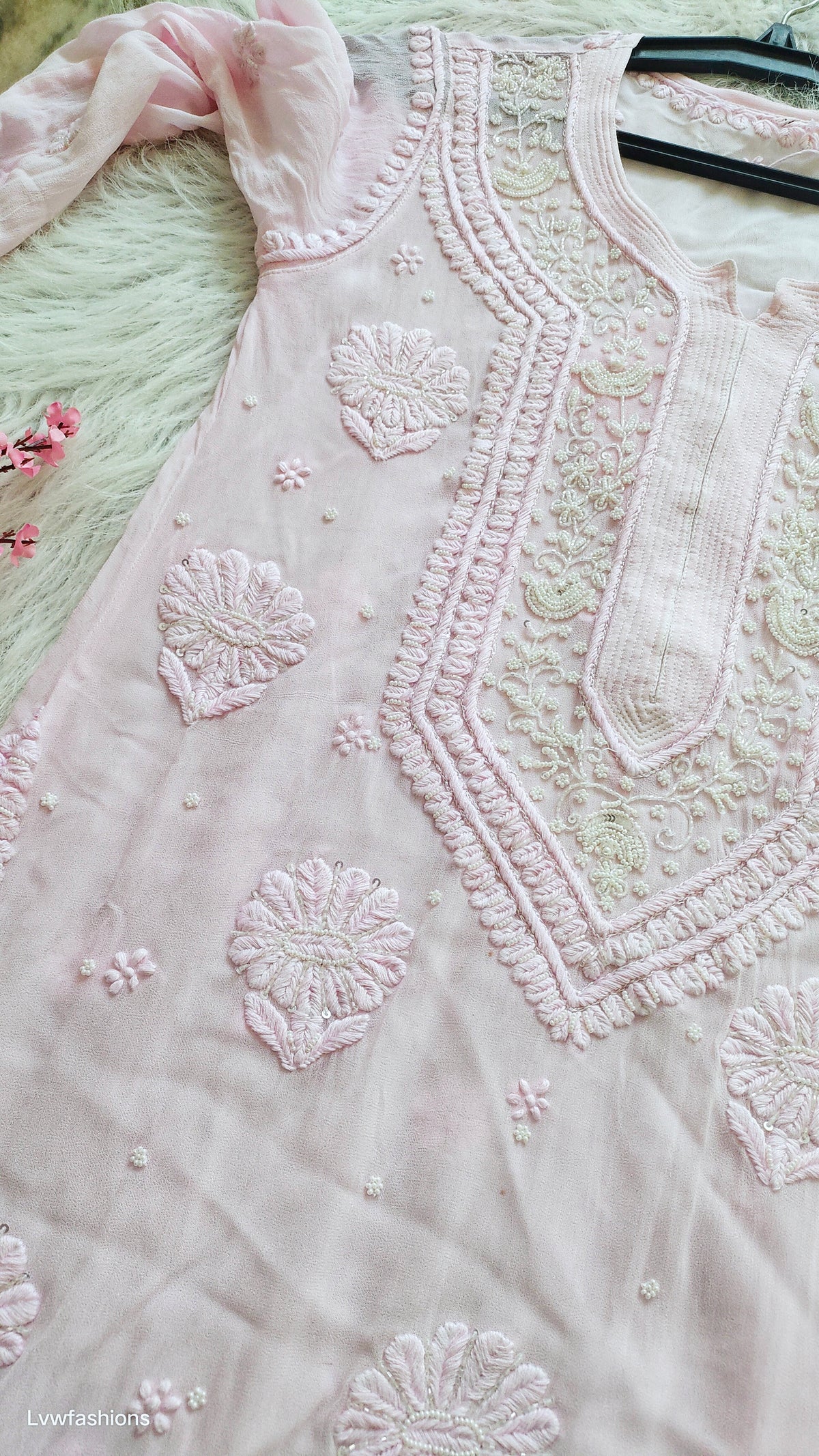 Noori Baby Pink premium georgette Chikankari Kurta by LVW Fashions with delicate Cutdana embroidery, handmade Lucknow Chikankari.