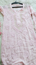 Noori Baby Pink premium Georgette Chikankari Kurta with Cutdana embroidery by LVW Fashions, handmade Lucknow chikankari, ready for dispatch.