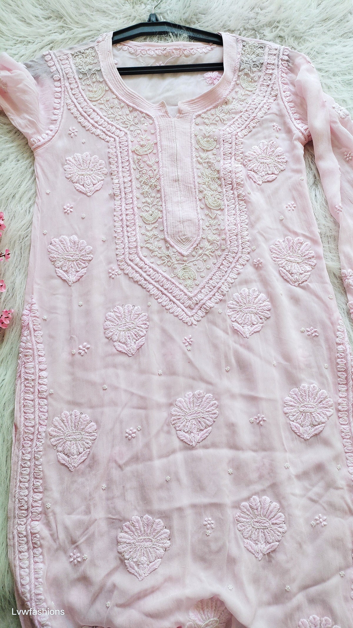 Noori Baby Pink premium Georgette Chikankari Kurta with Cutdana embroidery by LVW Fashions, handmade Lucknow chikankari, ready for dispatch.