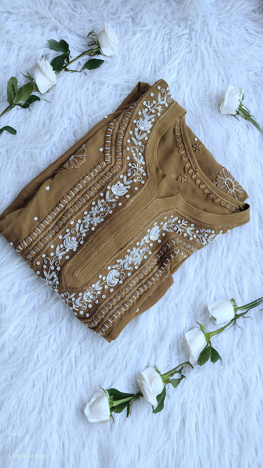 Noori Premium Georgette Chikankari Long Kurta with pearl and cutdana embroidery, handmade by LVW Fashions in Lucknow style.