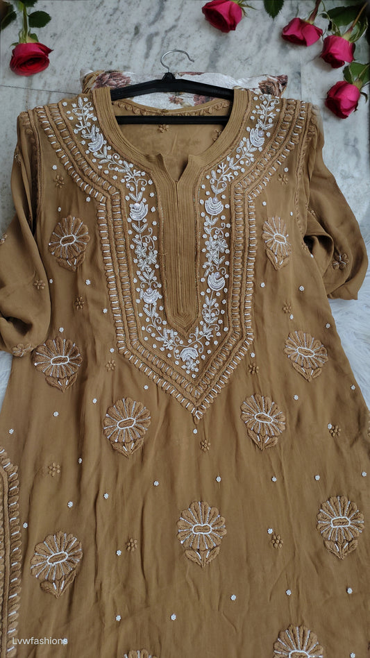Noori premium georgette long kurta with intricate pearl and cutdana embroidery, handmade Lucknow chikankari by LVW Fashions.