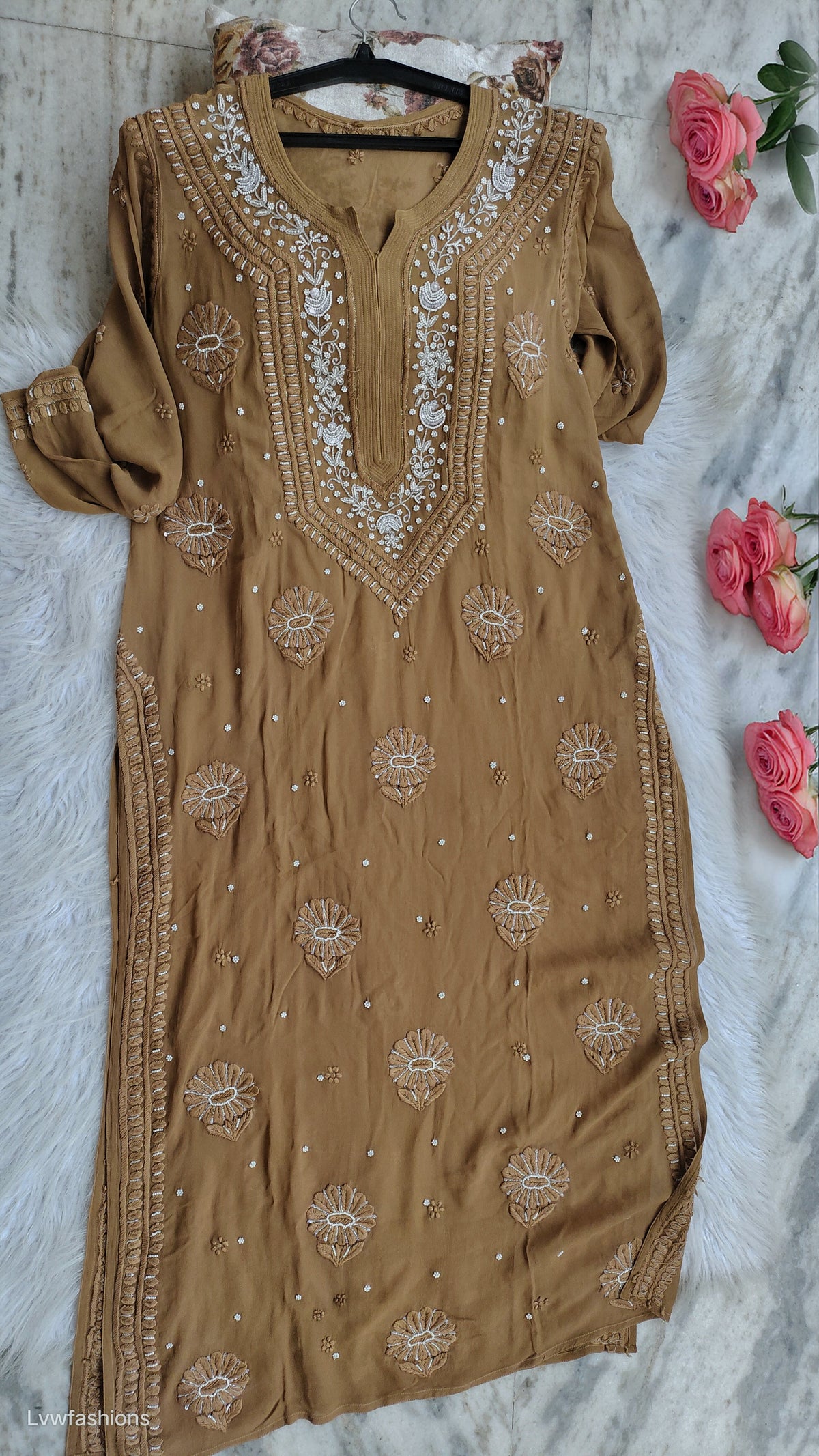 Noori Premium Georgette Chikankari Long Kurta with pearls and cutdana embroidery, handmade by LVW Fashions, ready to dispatch.