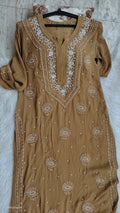 Noori premium georgette long kurta by LVW Fashions with intricate pearls and cutdana chikankari embroidery, handmade in Lucknow.