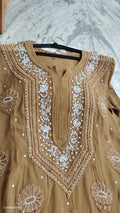 Noori Premium Georgette Chikankari long kurta with pearls and cutdana embroidery, handmade by LVW Fashions in Lucknow style.