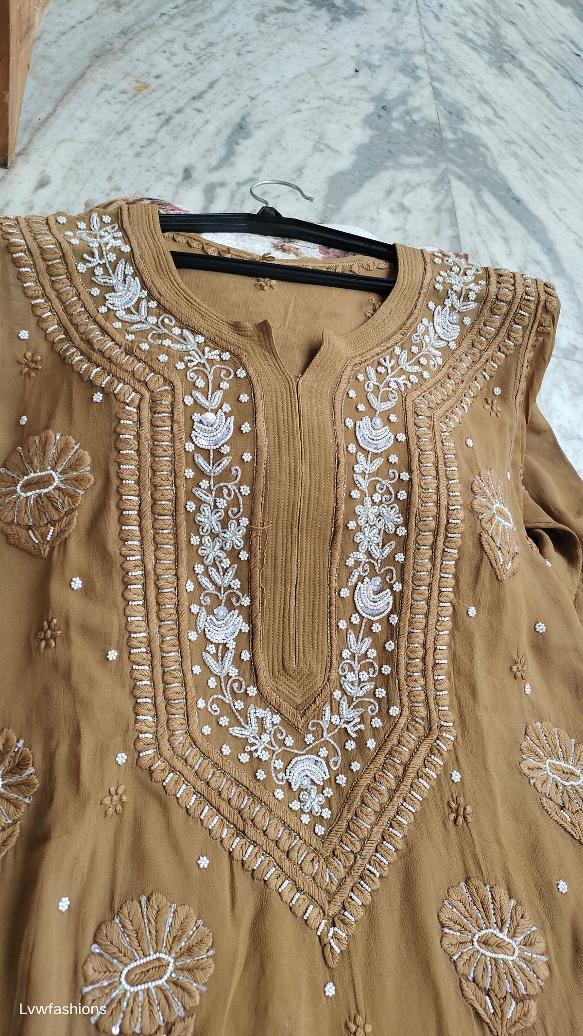 Noori Premium Georgette Chikankari long kurta with pearls and cutdana embroidery, handmade by LVW Fashions in Lucknow style.