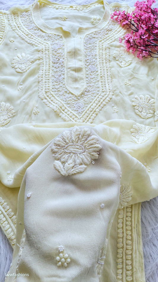 Noori yellow premium georgette Chikankari kurta with intricate cutdana embroidery, handmade Lucknow Chikankari by LVW Fashions.