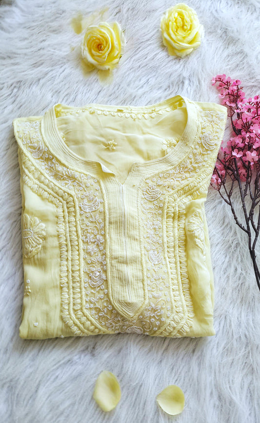 Noori Yellow Premium Georgette Chikankari Kurta with Cutdana Embroidery, handmade by LVW Fashions, featuring intricate Lucknow Chikankari details.