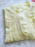 Noori Yellow premium georgette Chikankari kurta with intricate cutdana embroidery, handmade in Lucknow by LVW Fashions.