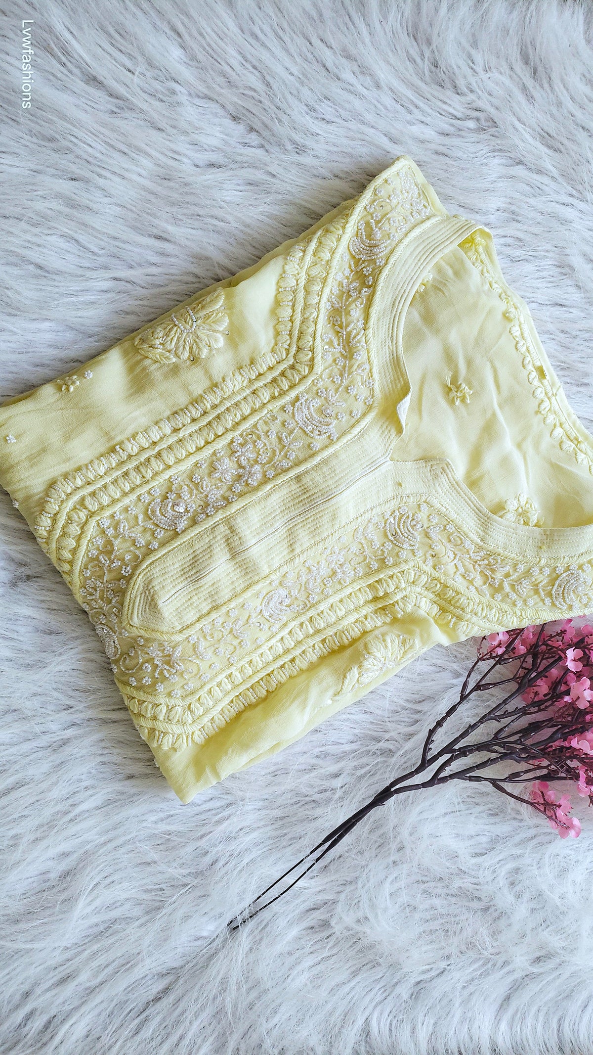 Noori yellow premium georgette Chikankari kurta by LVW Fashions with intricate Cutdana embroidery, handmade Lucknow Chikankari design.