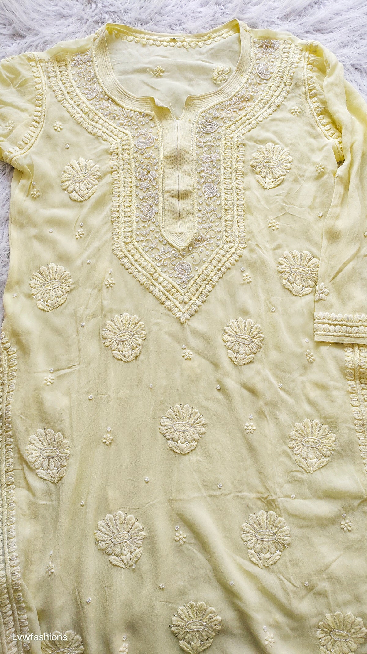 Noori yellow premium georgette Chikankari kurta by LVW Fashions with intricate cutdana embroidery, handmade Lucknow Chikankari.