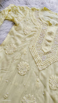Noori yellow premium georgette Chikankari kurta with intricate cutdana embroidery, handmade Lucknow Chikankari by LVW Fashions.
