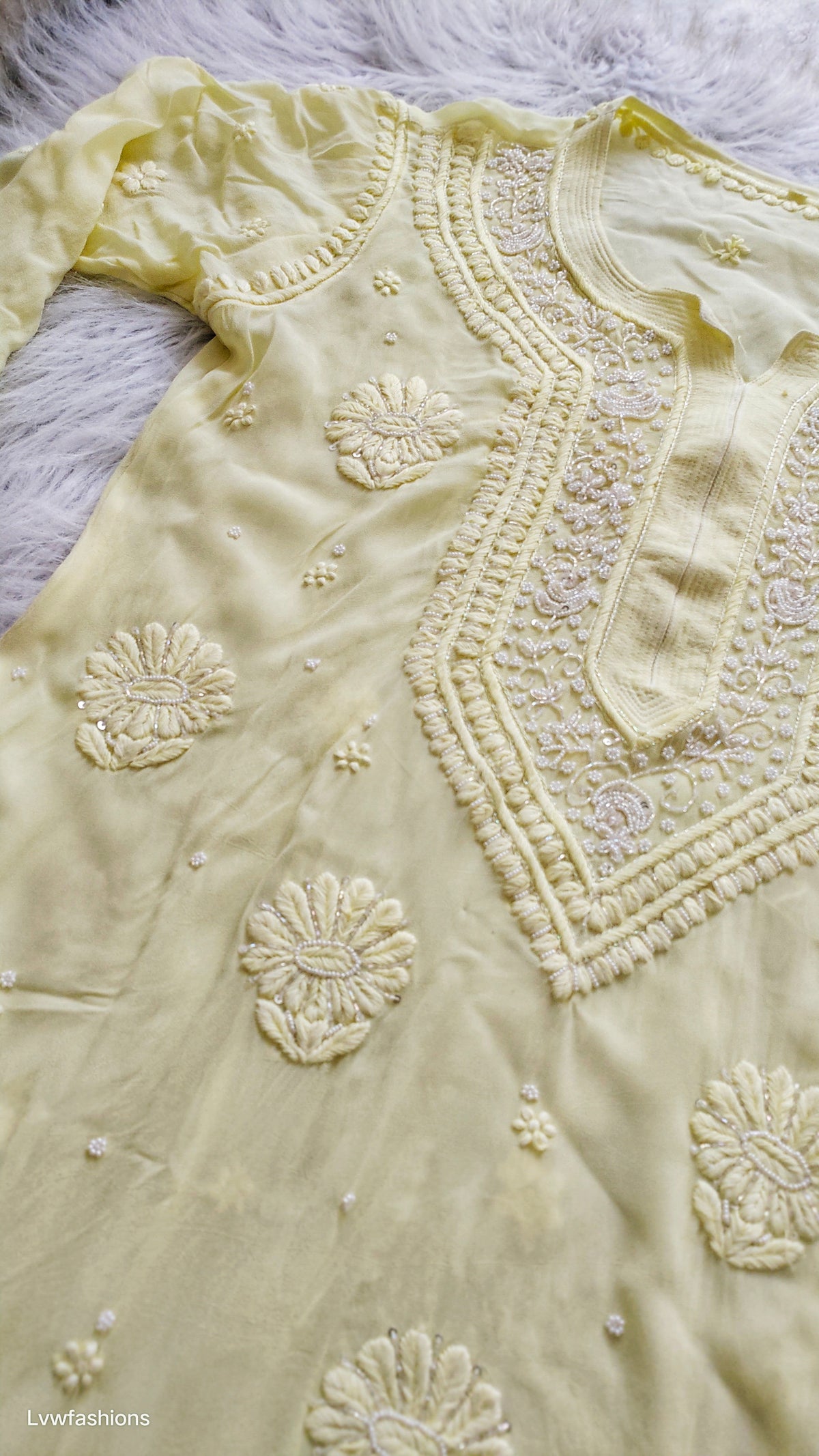 Noori yellow premium georgette Chikankari kurta with intricate cutdana embroidery, handmade Lucknow Chikankari by LVW Fashions.