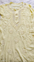 Noori Yellow Premium Georgette Chikankari Kurta with Cutdana Embroidery by LVW Fashions, handmade Lucknow Chikankari, ready to dispatch.