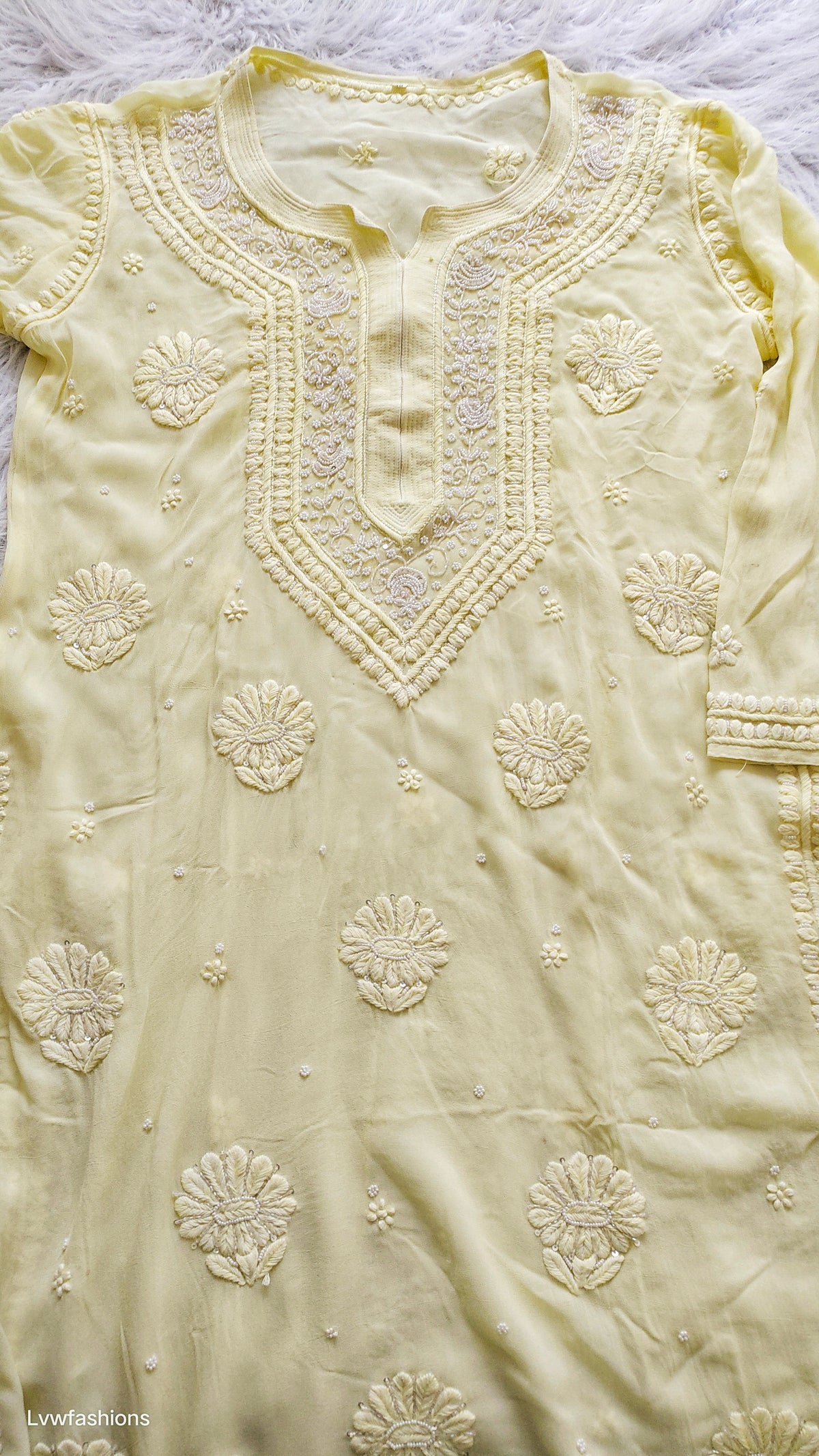 Noori Yellow Premium Georgette Chikankari Kurta with Cutdana Embroidery by LVW Fashions, handmade Lucknow Chikankari, ready to dispatch.