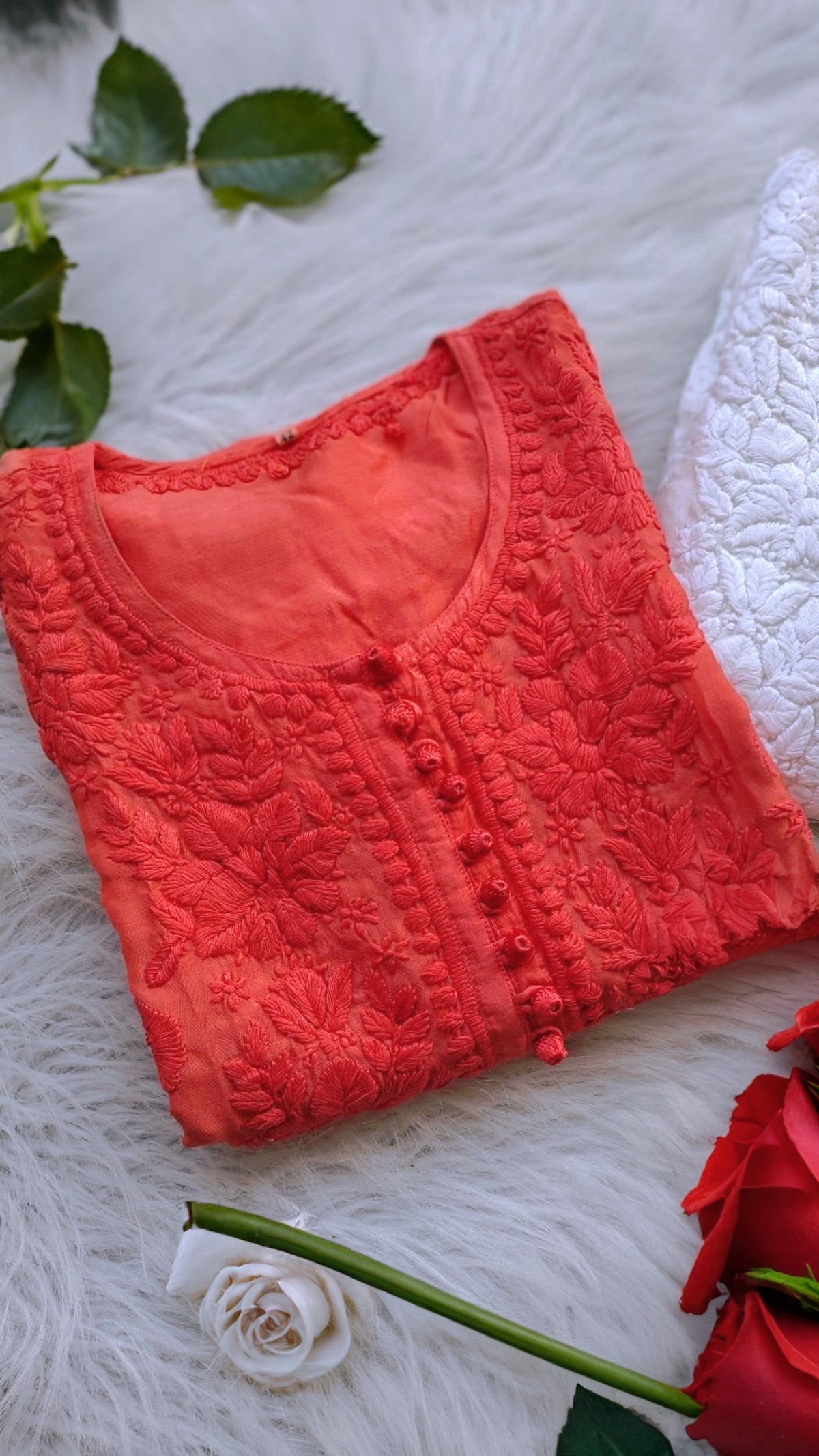 Red Dove Slik Premium Muslin Soft Chikankari Kurta by LVW Fashions, handcrafted Lucknow chikankari kurta in soft muslin fabric.