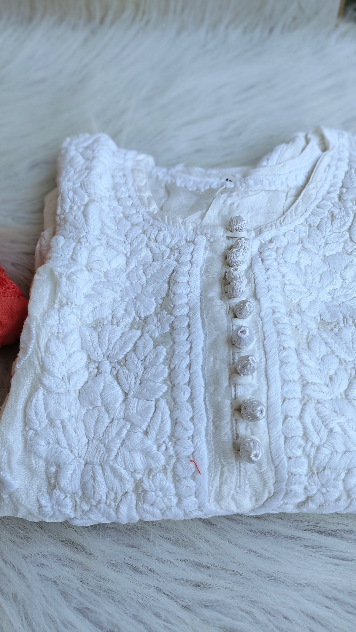 Red Dove Slik Premium Muslin Soft Chikankari Kurta by LVW Fashions, handmade Lucknow Chikankari kurta in XXS size.